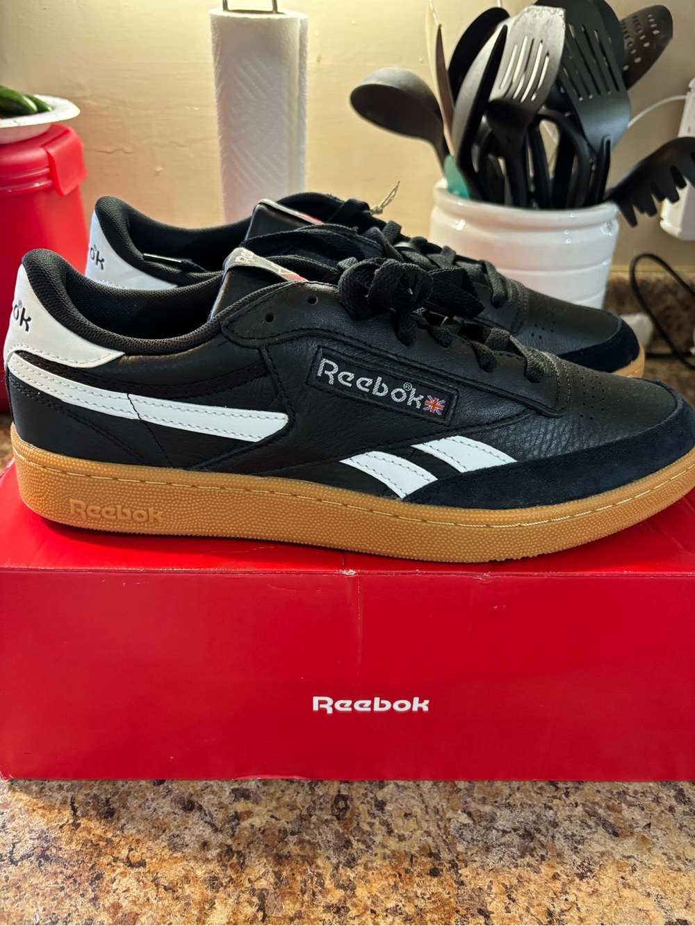Reebok Club C Revenge Vintage Black & White Sneakers with Gum Sole Men’s.